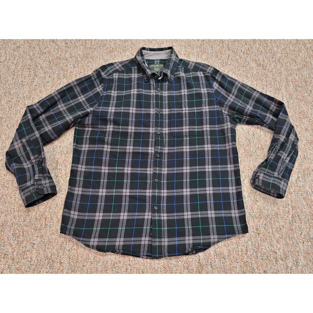 Eddie Bauer Plaid Flannel Shirt Mens Large Black Gray Outdoor Casual Camping